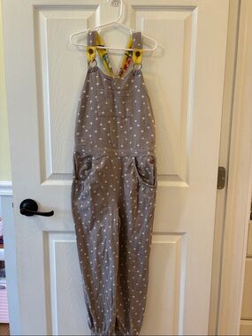 Matilda Jane Gray+White Star Print Overalls with Yellow Strap Highlights